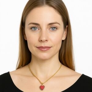 Handmade Dainty Jewlery Elegant Gold Yarn and Red Heart Pendant Crochet Necklace